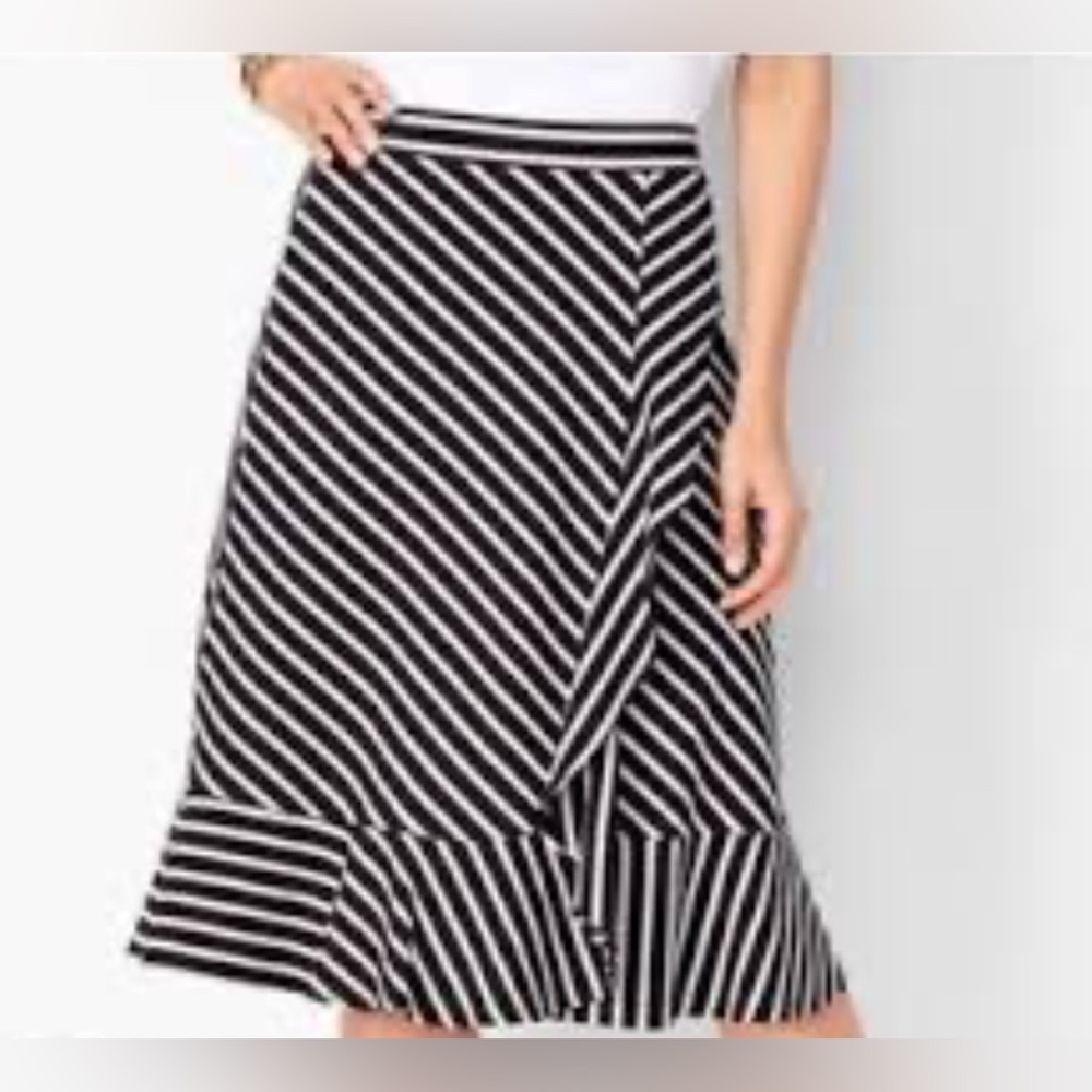 TALBOTS WRAP FRONT ASYMMETRICAL NAVY AND WHITE STRIPE SKIRT RUFFLE HEM NWT PL